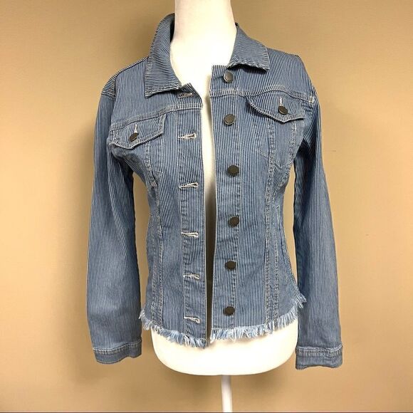 Max Jeans striped jean jacket with frayed bottom. XS - Picture 1 of 6